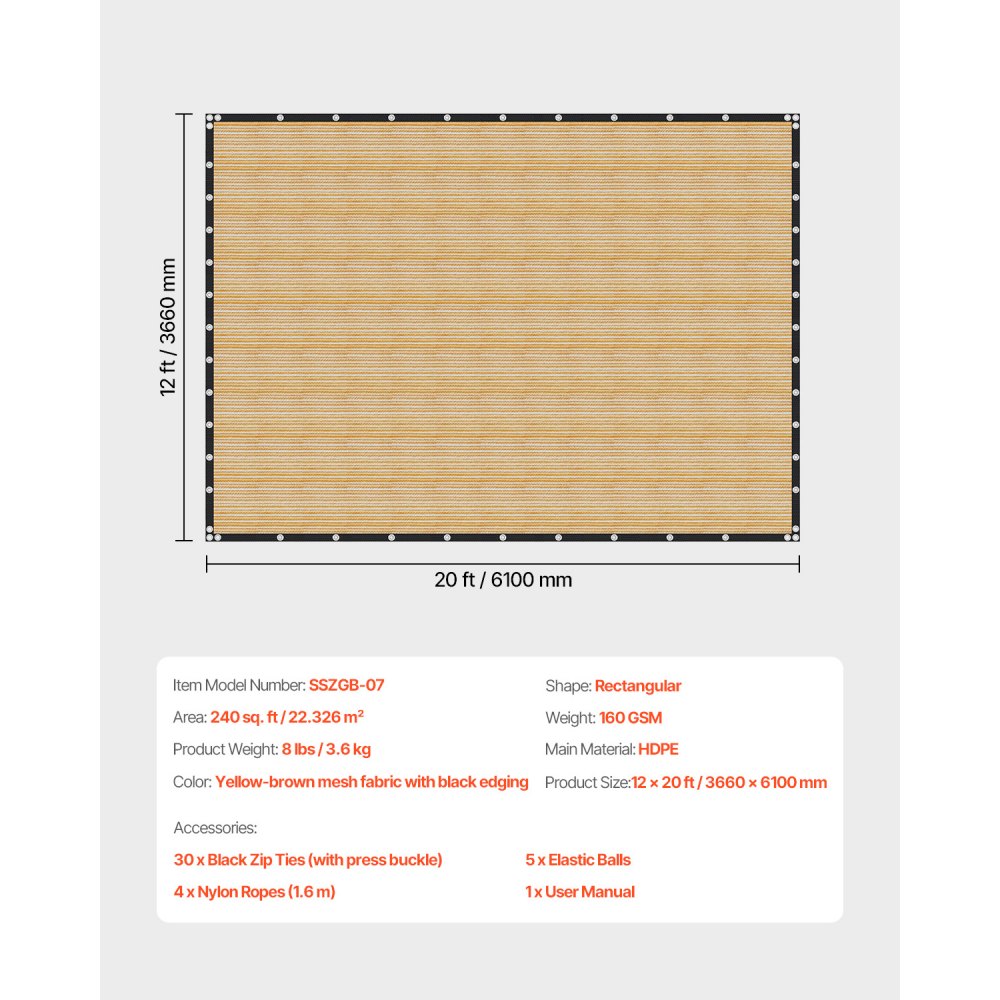 VEVOR 90% Sun Shade Cloth Privacy Screen 366 x 610 cm for Patio Garden (Beige)