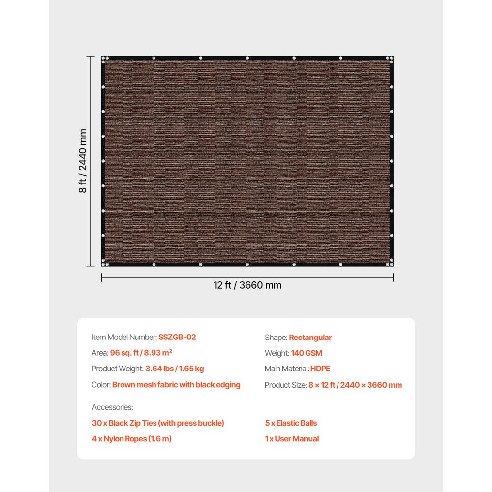 VEVOR 90% Sun Shade Cloth Privacy Screen 244 x 366 cm for Patio Garden (Brown)