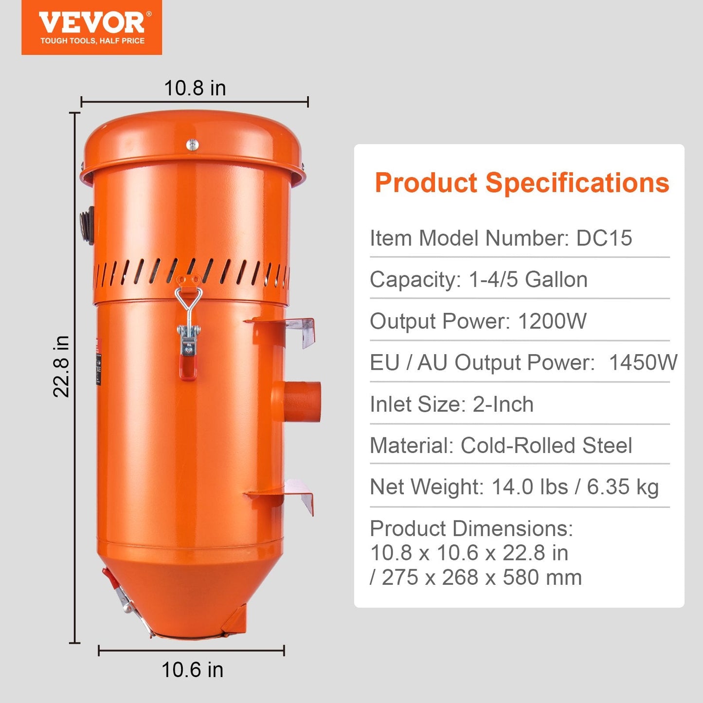 High-Power 1450W Dust Collector with 1.8 Gallon Capacity and Durable Steel Build