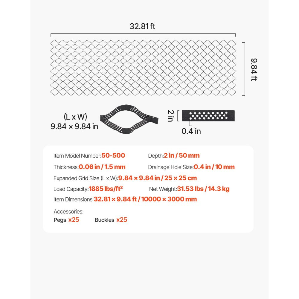 VEVOR Ground Grid 2-In Deep Geocell Grid 32.81x9.84FT / 10000x3000mm for Gravel