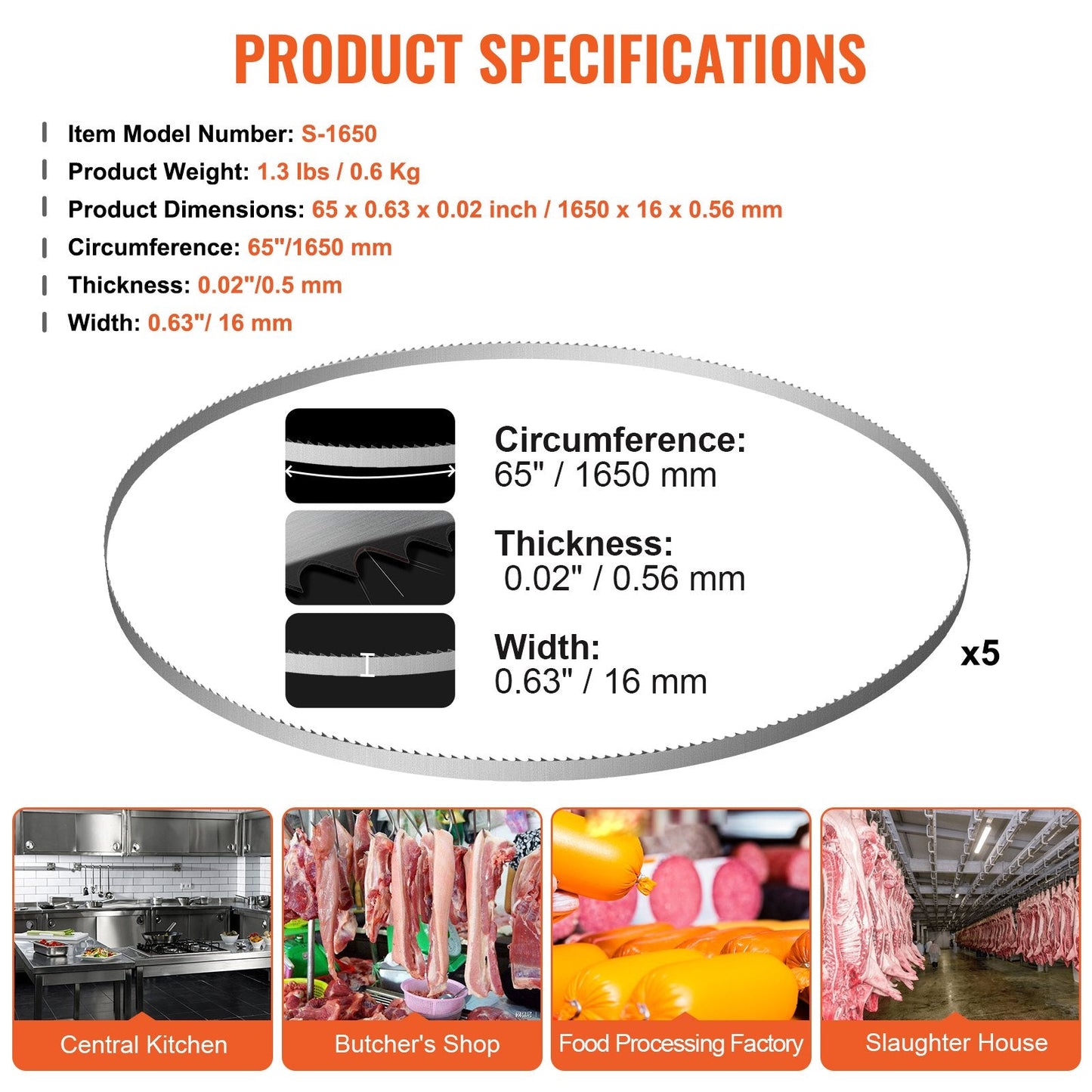 1650mm Carbon Steel Meat Bandsaw Blades, 5-Pack for Bone Saw Machines