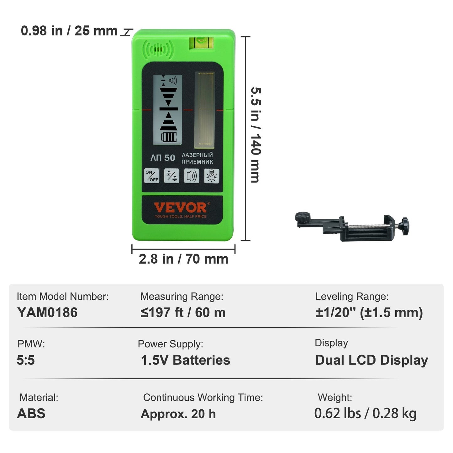 Laser Receiver for Leveling, 60m Range, Dual LCD, Green/Red Beam Detector