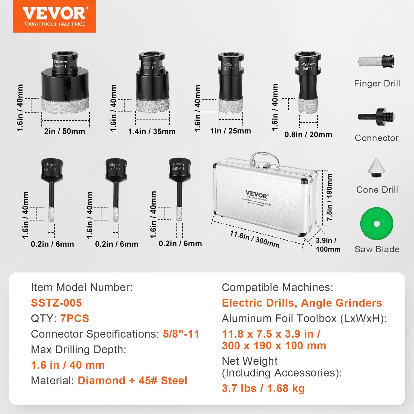 VEVOR Diamond Core Drill Bit Set, 7 PCS 6/6/6/20/25/35/50mm Diamond Hole Saw Kit,