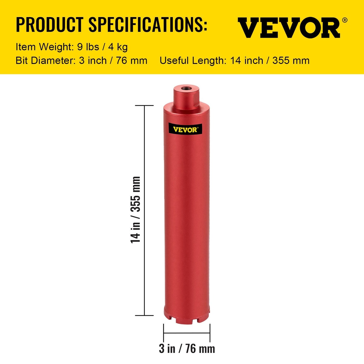 Dry Diamond Core Drill 76mm for Concrete, Masonry & Brick, 400mm Total Length