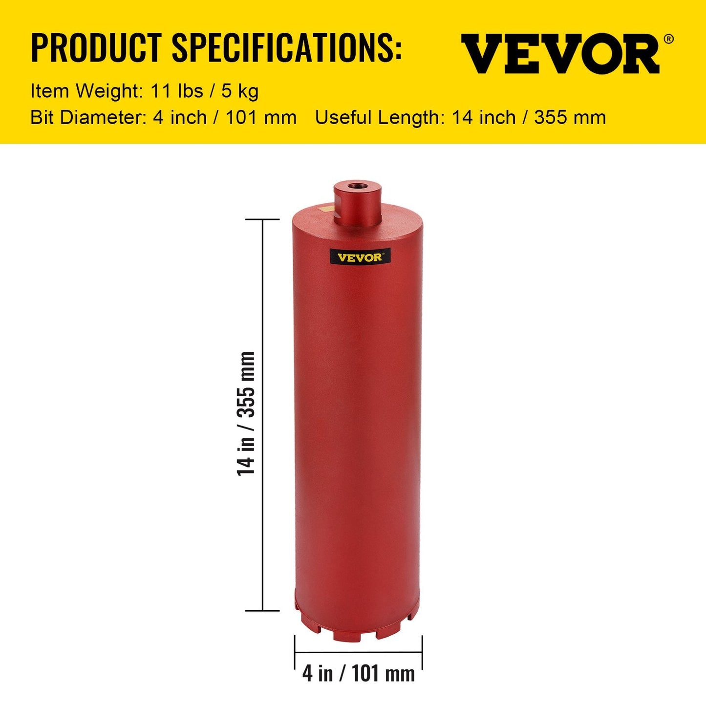 Premium 101mm Diamond Core Drill Bit for Concrete, 400mm Length, 5/8"-11 Thread