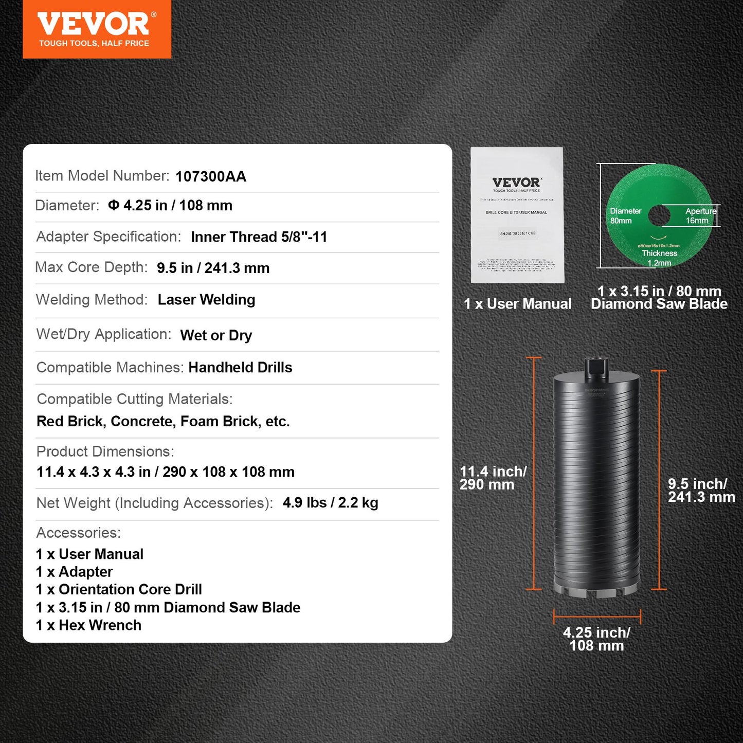 VEVOR Core Drill Bit, 4.25" Wet/Dry Diamond Core Drill Bits for Brick and Block,