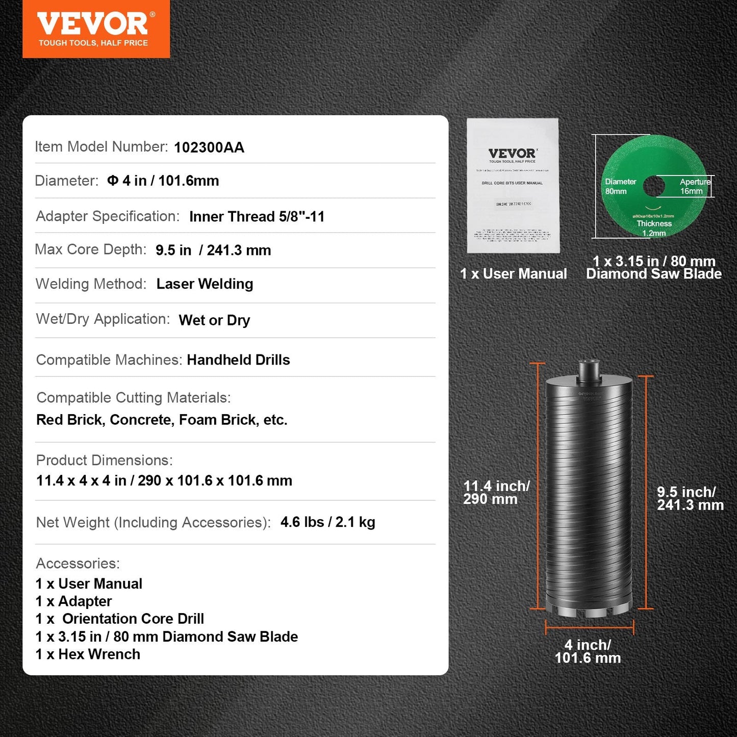 4" Wet/Dry Diamond Core Drill Bit for Concrete & Brick, 0.24m Depth, 2.1 kg