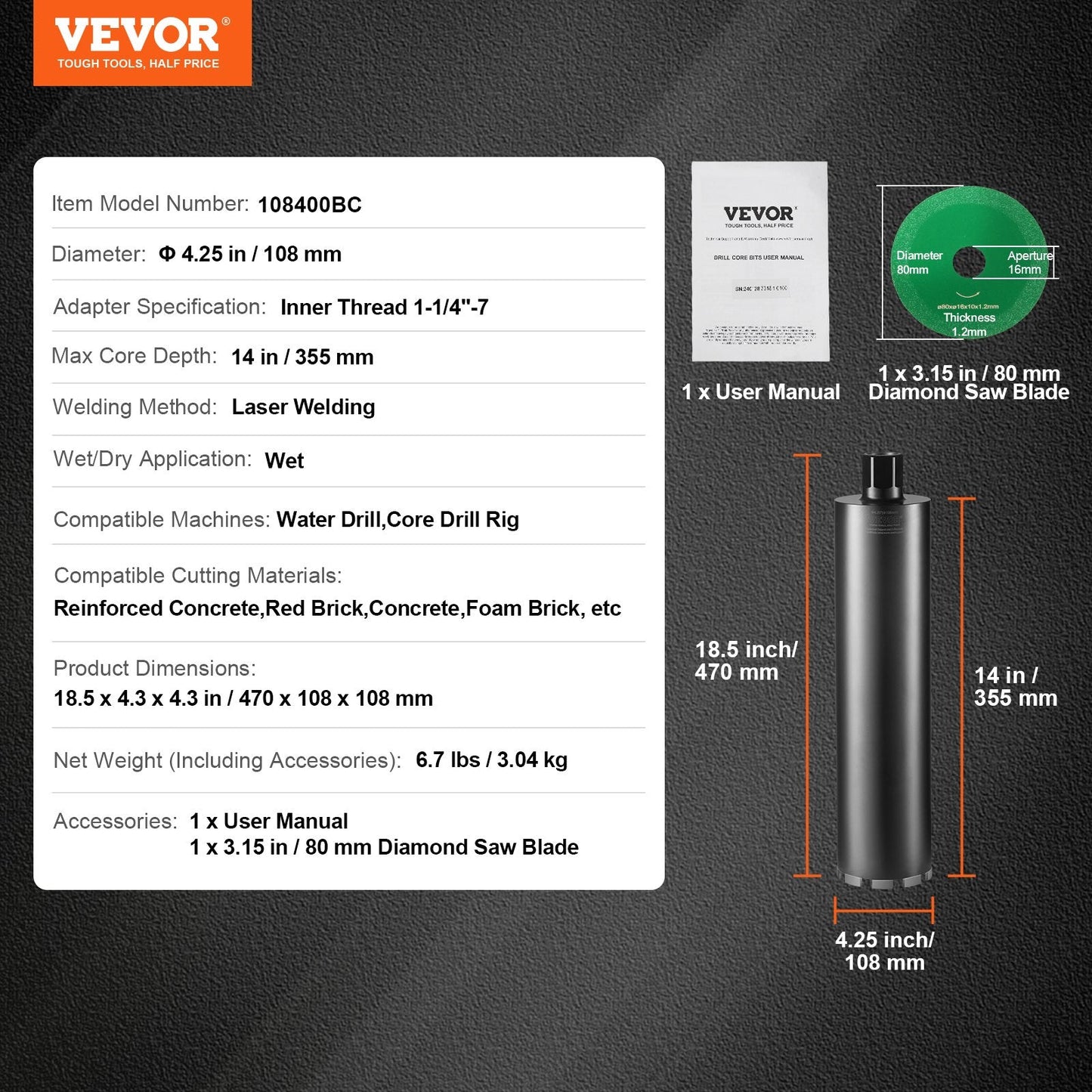 4.25" Diamond Core Drill Bit, 355mm Deep, 3.04kg Wet Cutting for Concrete