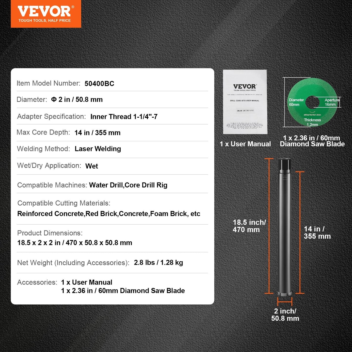 2m Wet Diamond Core Drill Bit for Concrete and Brick, 355mm Depth, 1.28kg