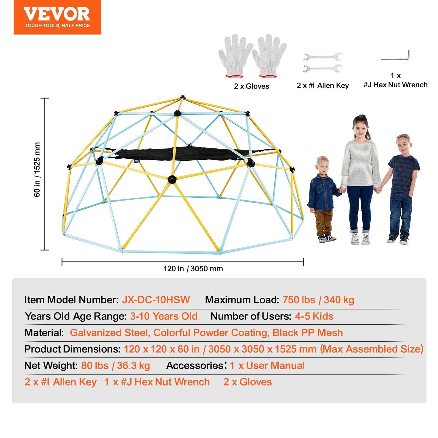 10FT Kids' Geometric Dome Climber with Hammock & Swing, 340kg Capacity