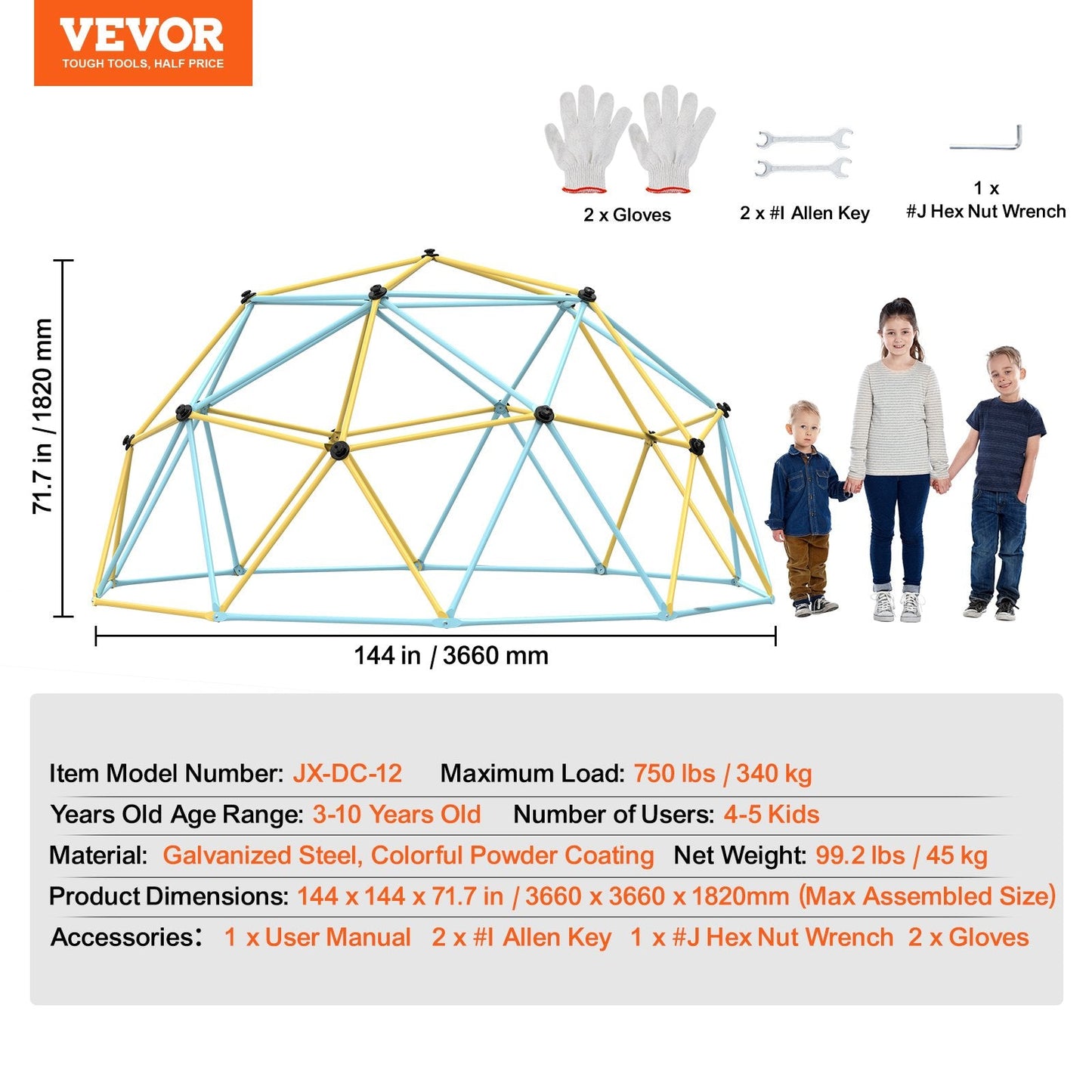 12FT Geometric Dome Climber Play Center for Kids, Supports 340 kg, Ages 3-10