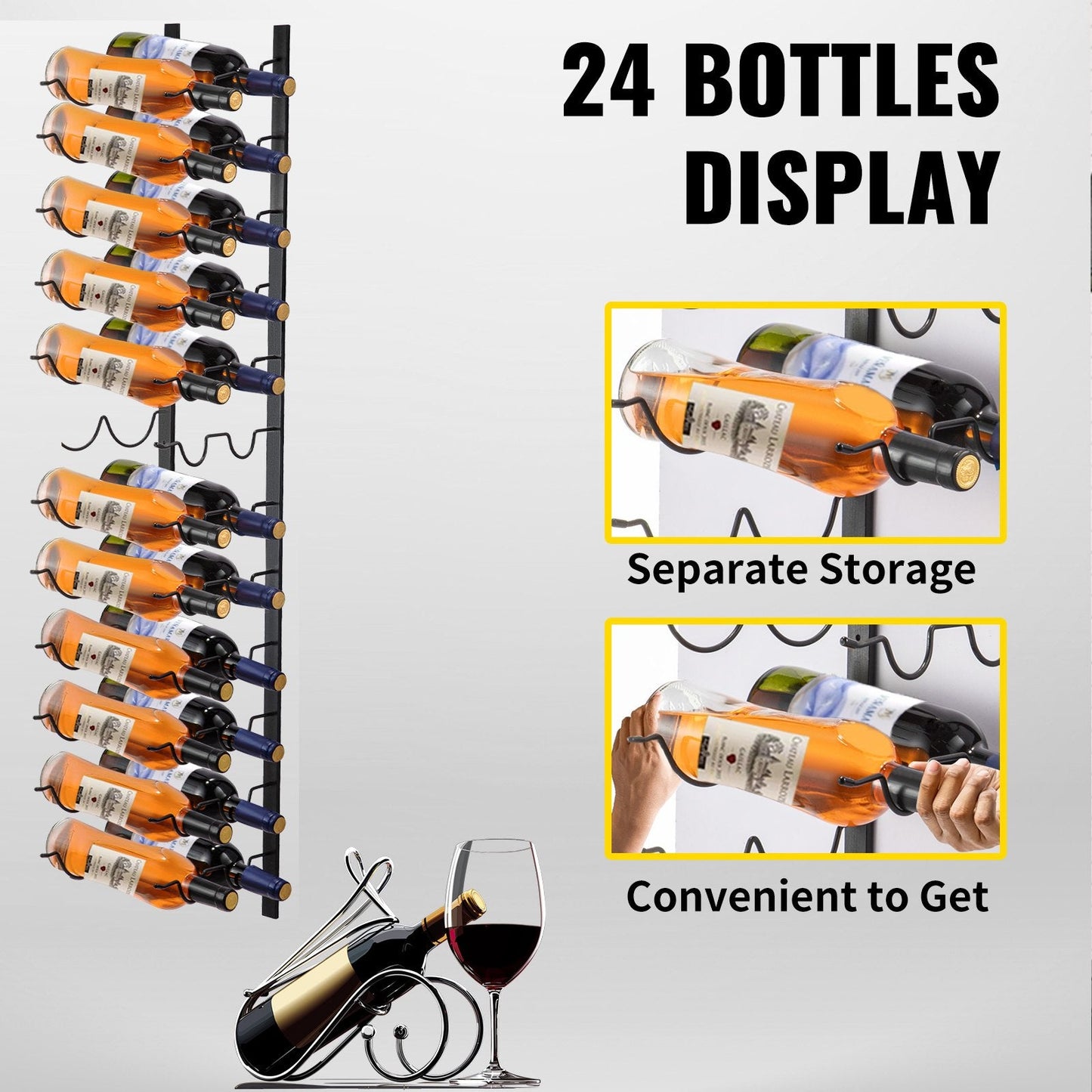 Wall Mounted Black Steel Wine Rack, Holds 24 Bottles, 1.2m x 0.3m, Space-Saving