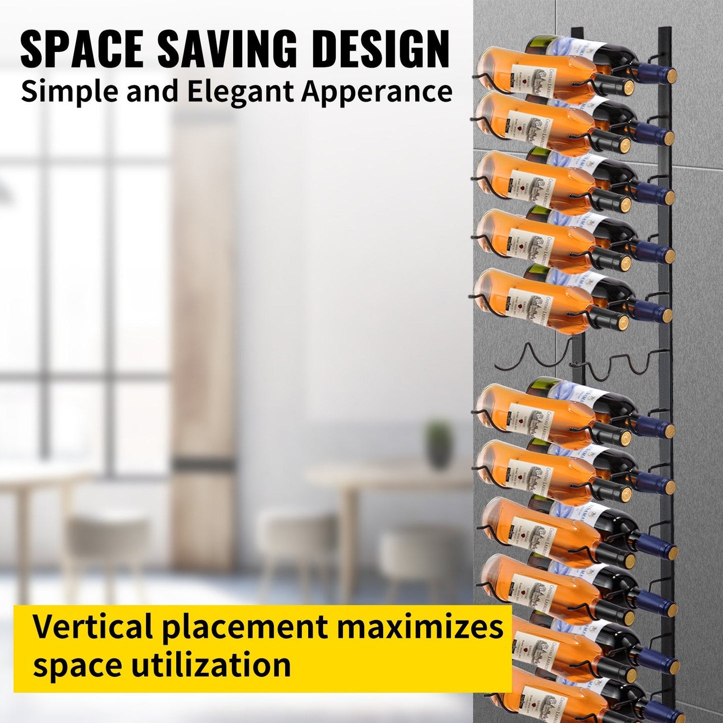 Wall Mounted Black Steel Wine Rack, Holds 24 Bottles, 1.2m x 0.3m, Space-Saving
