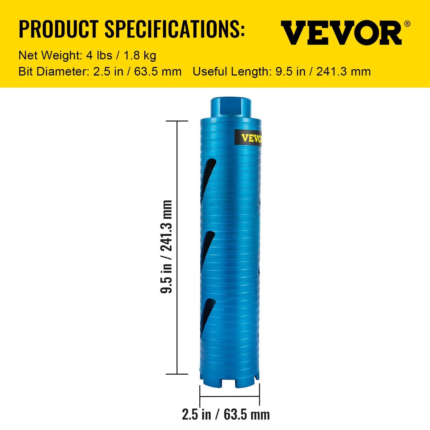 Diamond Core Drill Bit, 63.5mm Diameter, 241.3mm Depth for Concrete & Brick