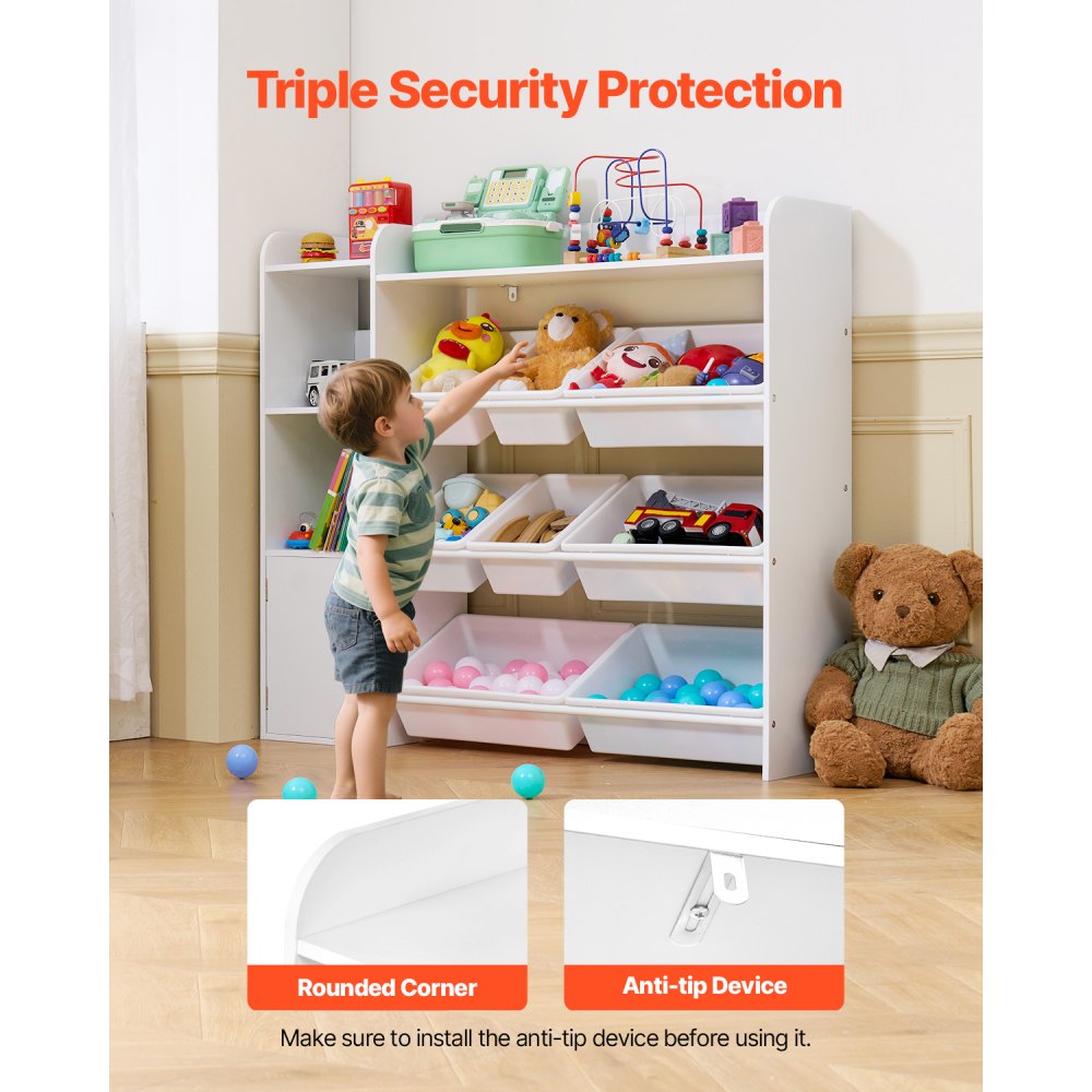 4-Tier Kids Toy Storage and Bookshelf with 8 Flexible Plastic Bins White
