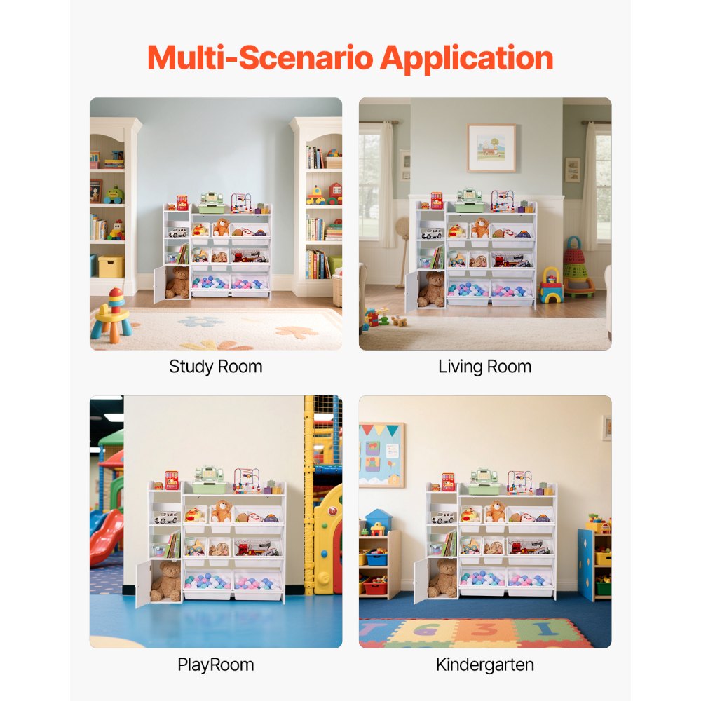 4-Tier Kids Toy Storage and Bookshelf with 8 Flexible Plastic Bins White