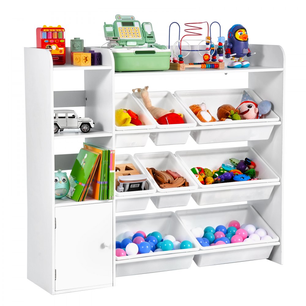 4-Tier Kids Toy Storage and Bookshelf with 8 Flexible Plastic Bins White