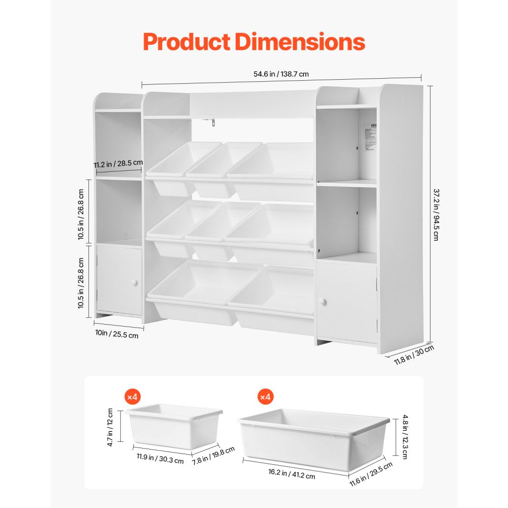 4-Tier Large Kids Toy Storage and Bookshelf with 8 Plastic Bins White
