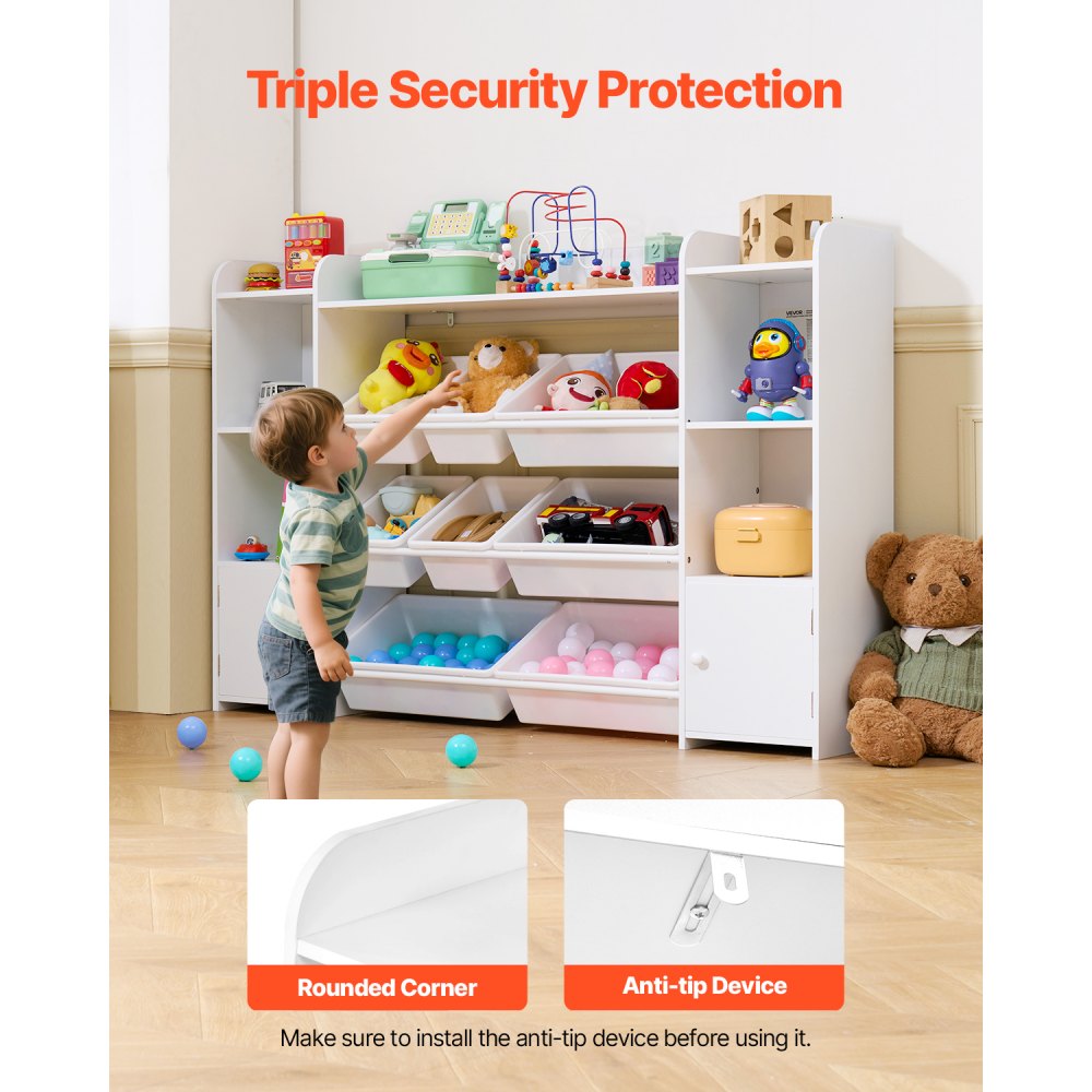 4-Tier Large Kids Toy Storage and Bookshelf with 8 Plastic Bins White