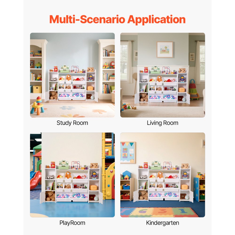 4-Tier Large Kids Toy Storage and Bookshelf with 8 Plastic Bins White