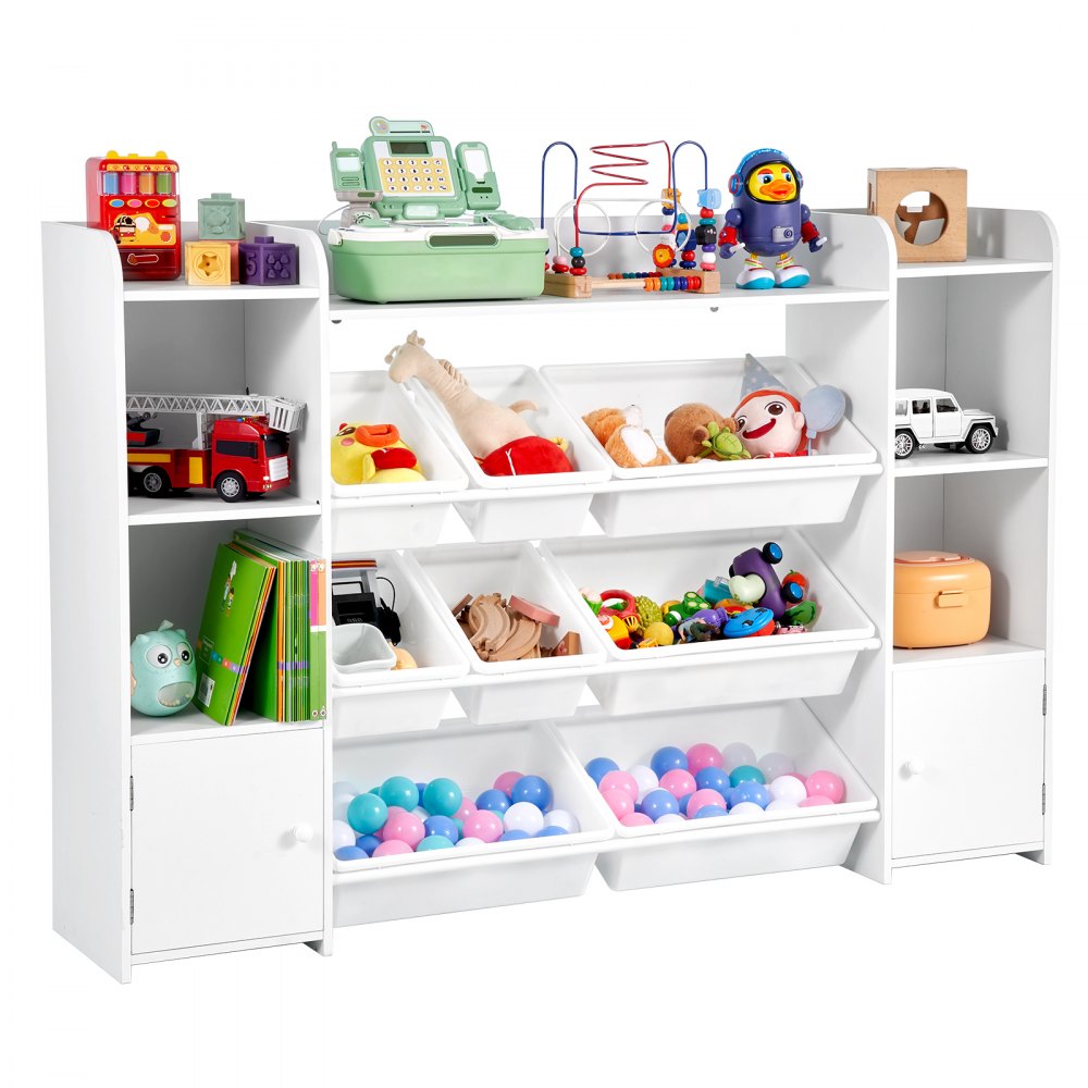 4-Tier Large Kids Toy Storage and Bookshelf with 8 Plastic Bins White