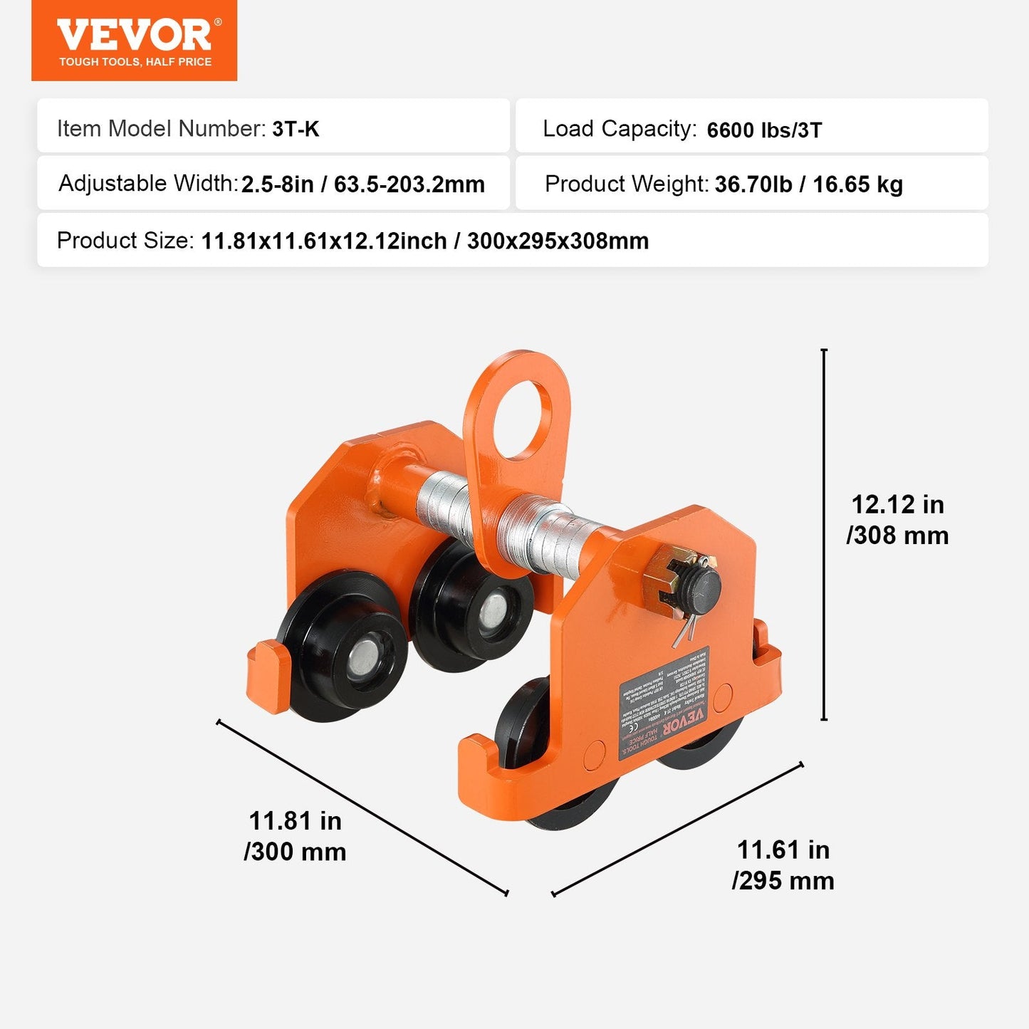 Manual Push Beam Trolley, 3 Ton Capacity, Adjustable Width for I-Beams, Dual Wheels