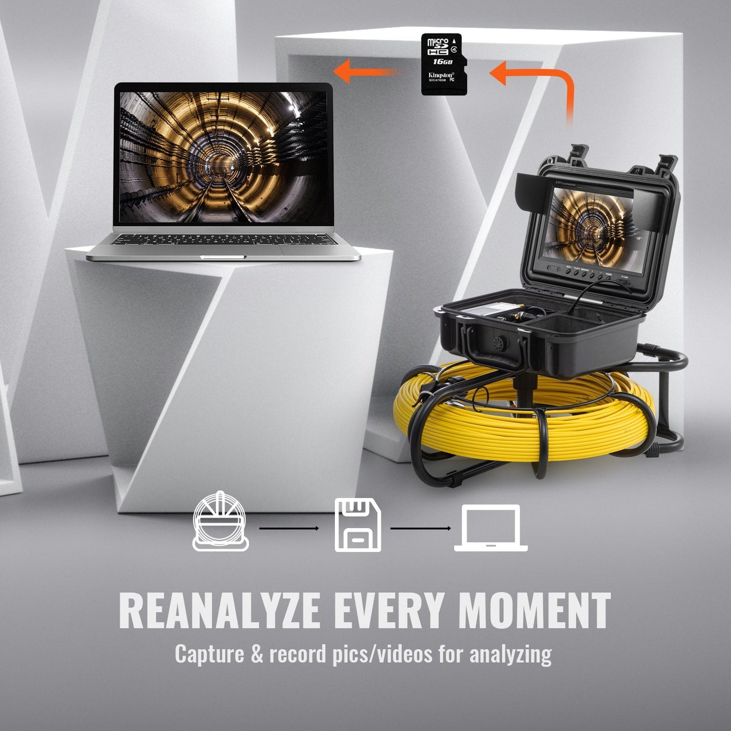 Sewer Inspection Camera, 91.5 m, 9" Screen with DVR & 16GB SD Card, Waterproof IP68