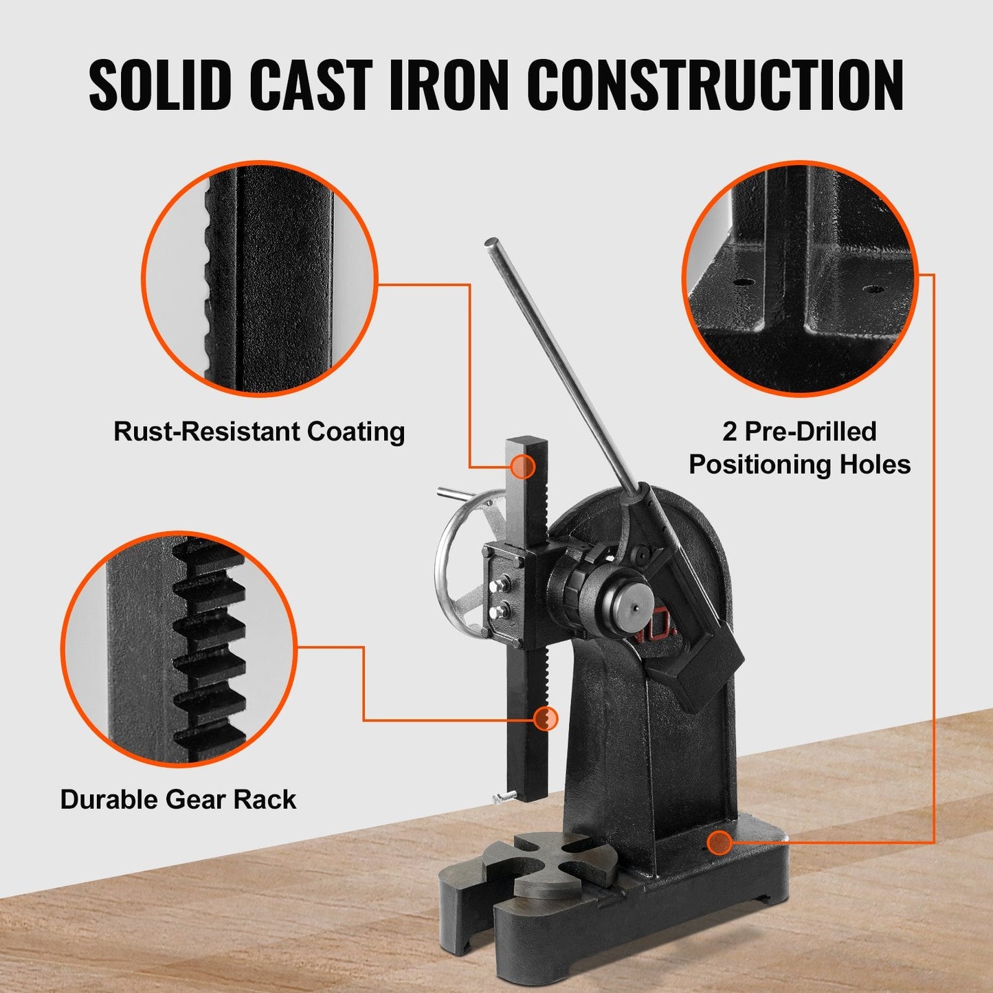3 Ton Ratchet Arbor Press with Handwheel, Max Height 0.79m, Cast Iron Punch