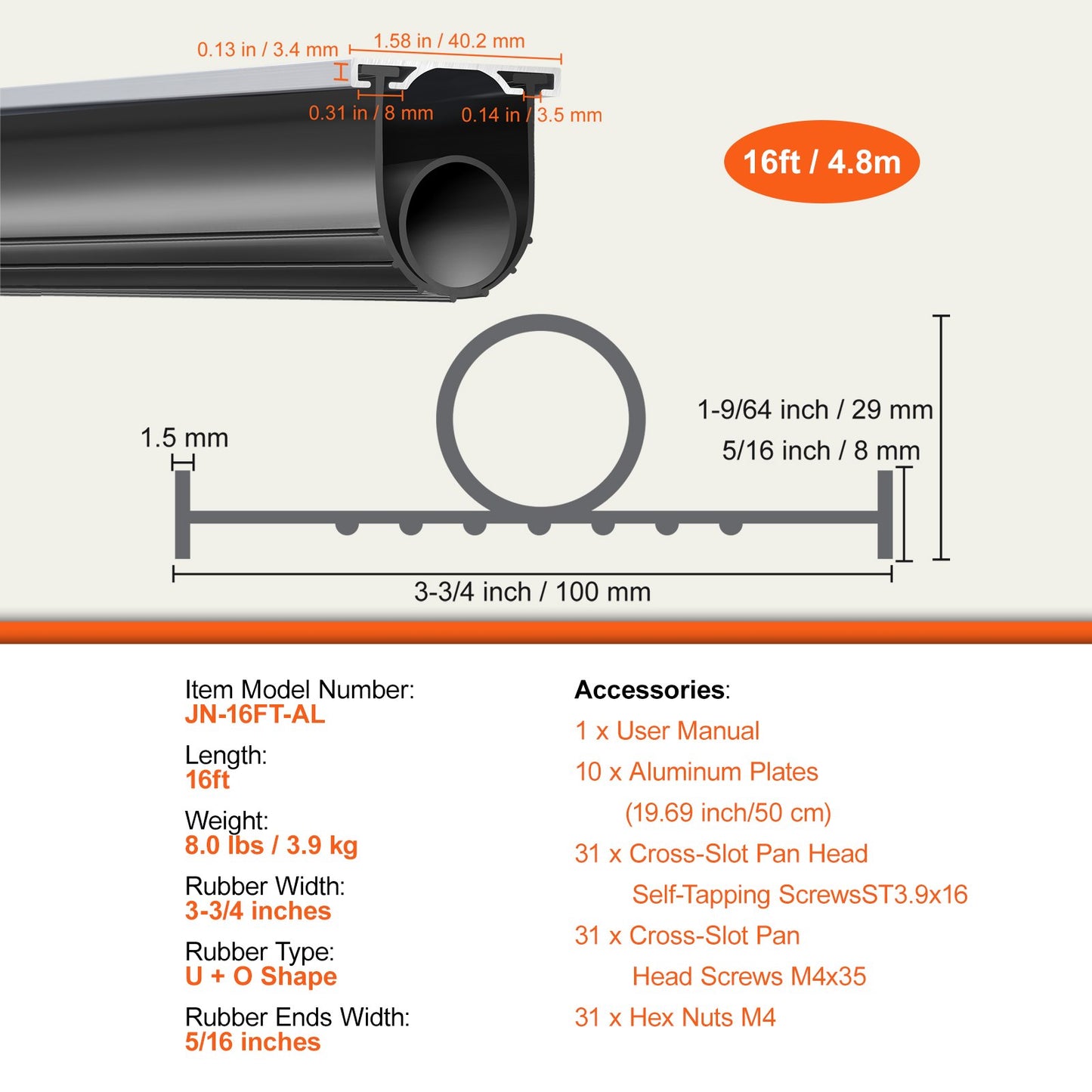 VEVOR Garage Door Seals Bottom Rubber, U Shape +O Ring Garage Door Bottom Weather