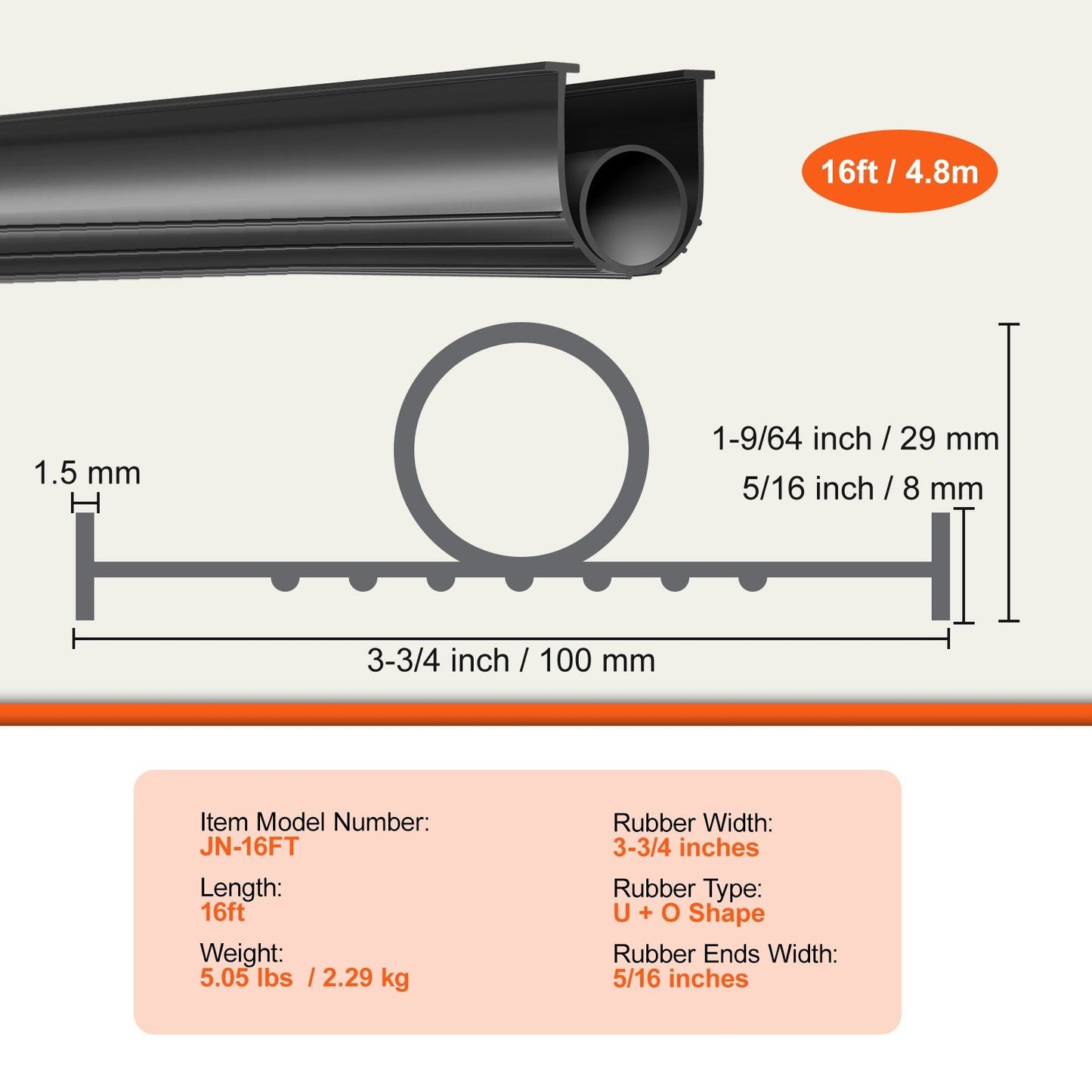 Garage Door Bottom Weather Seal, U + O Shape, 4.8m, Black, Easy Install