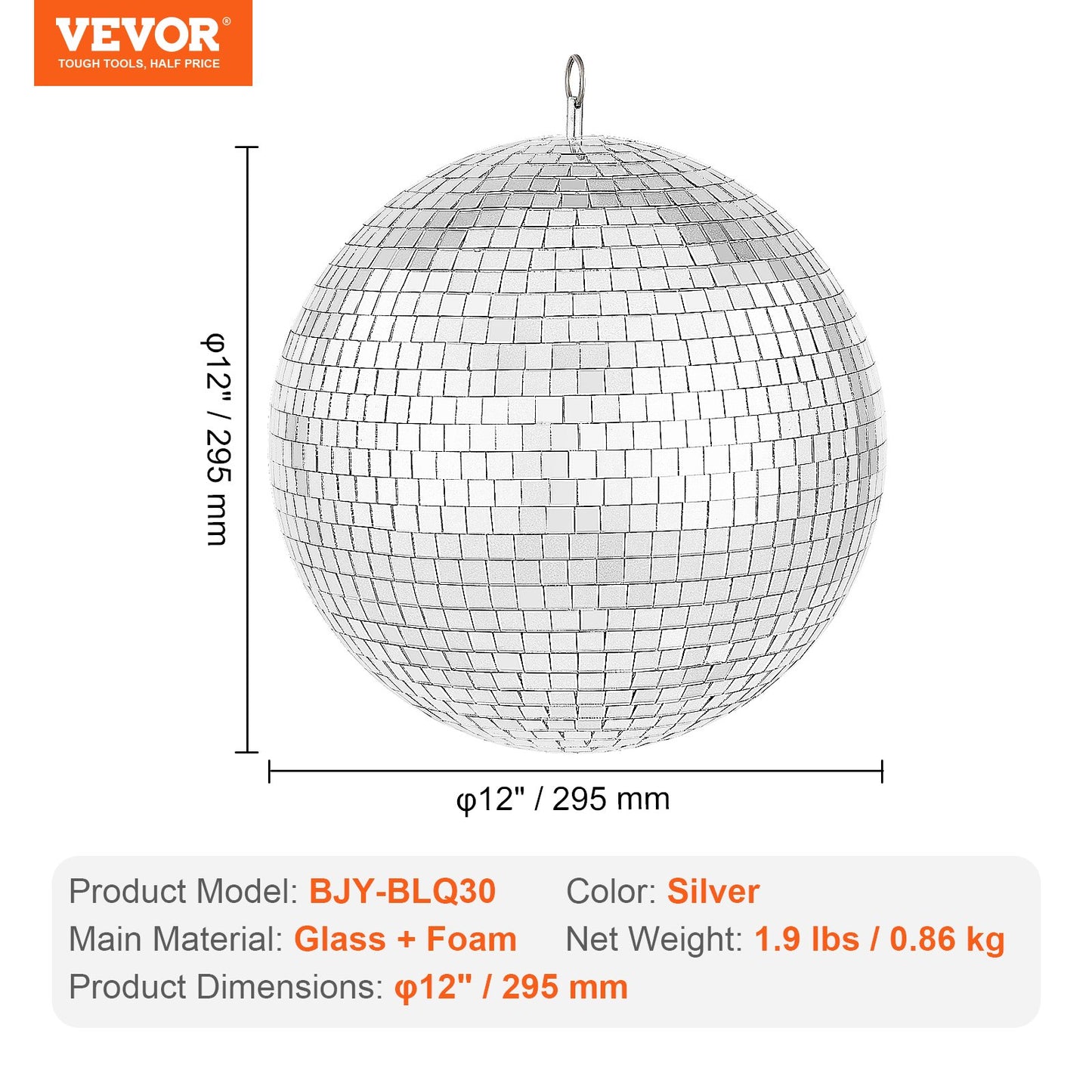 VEVOR Mirror Disco Ball 295 mm Silver Party Disco Ball with Hanging Ring