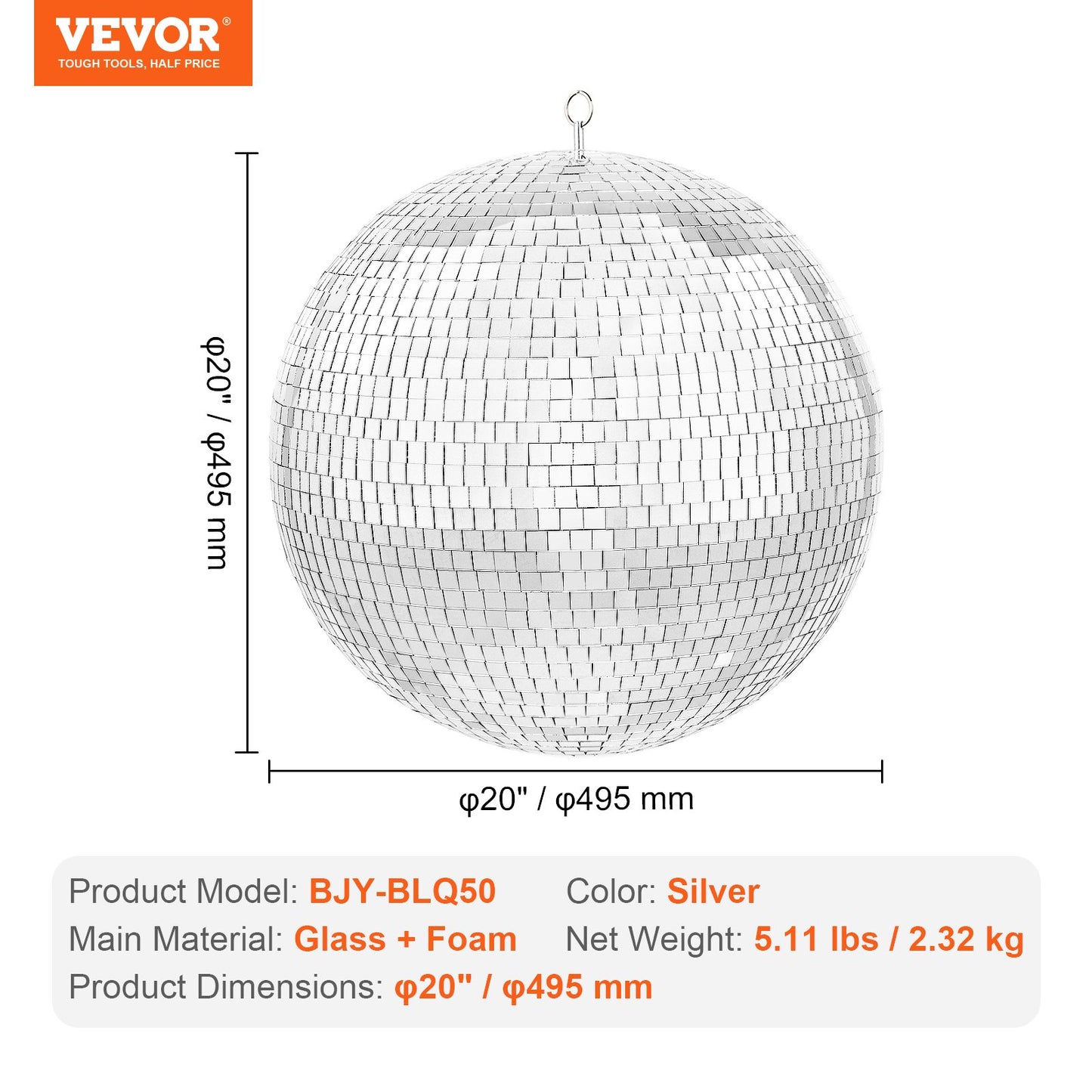VEVOR Mirror Disco Ball 495 mm Silver Party Large Disco Ball with Hanging Ring