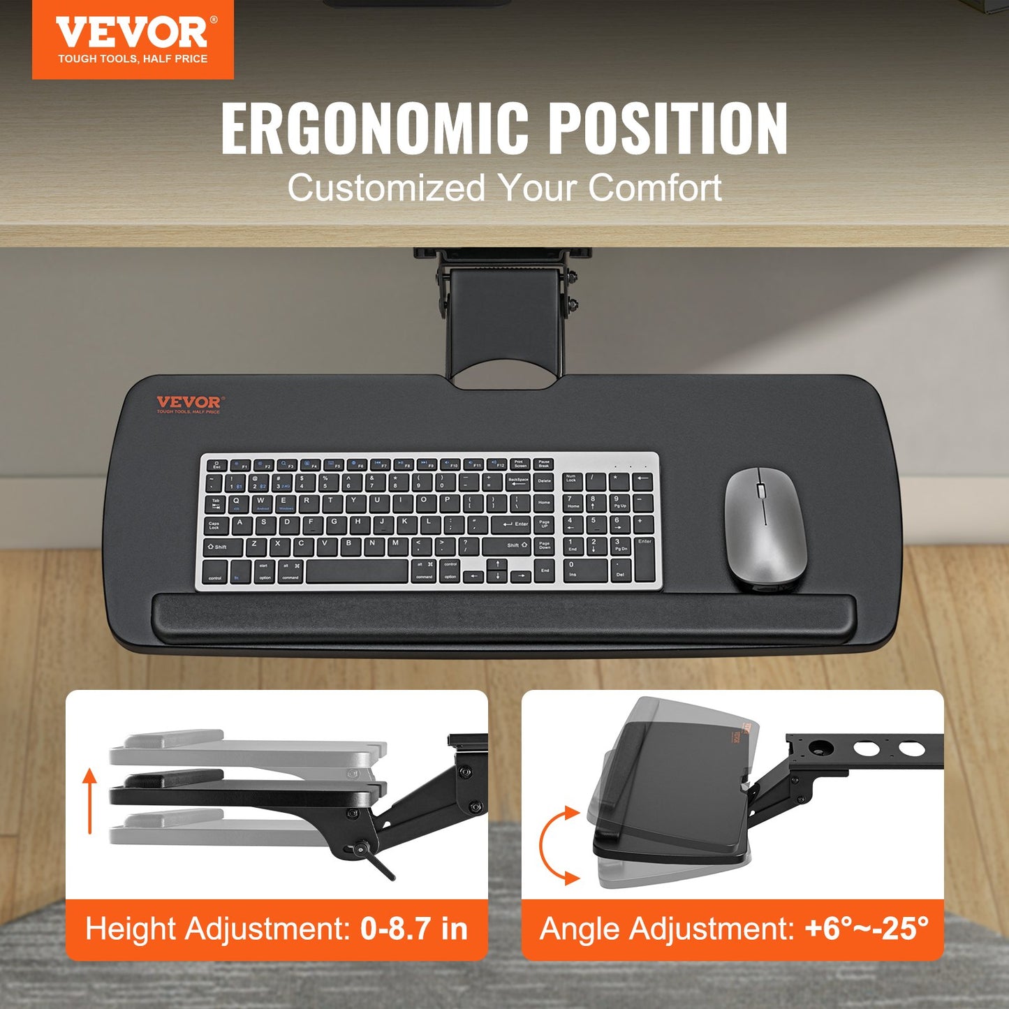 VEVOR Keyboard Tray under Desk Adjustable Height, Height and Angle Adjustable under