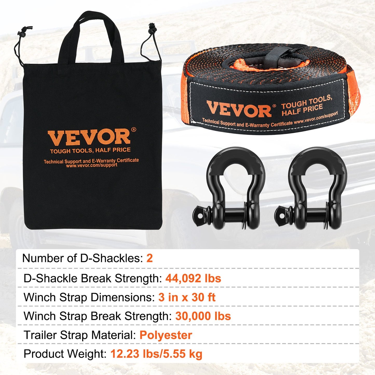 VEVOR Off-Road Recovery Kit, 7.6 x 914.4 cm, Heavy Duty Winch Recovery Kit with
