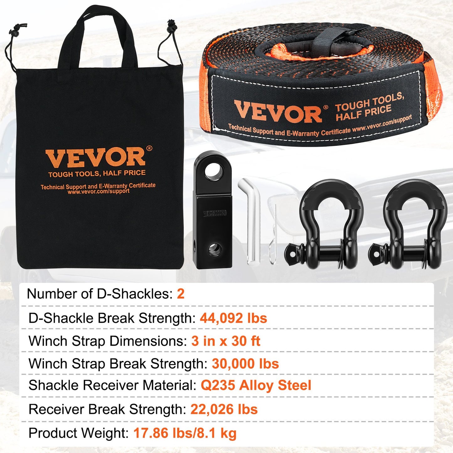 VEVOR Off-Road Recovery Kit, 7.6 x 914.4 cm, Heavy Duty Winch Recovery Kit with