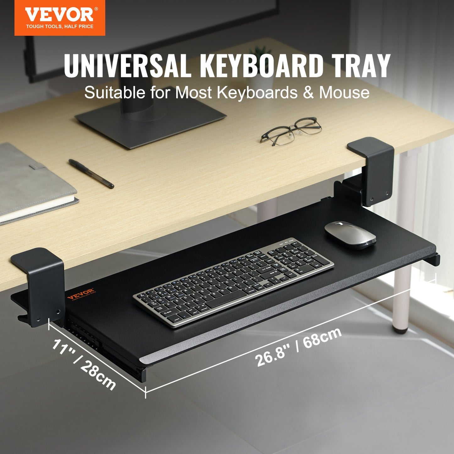 VEVOR Clamp on Keyboard Tray Under Desk, Desk Keyboard Tray Slide out with Sturdy