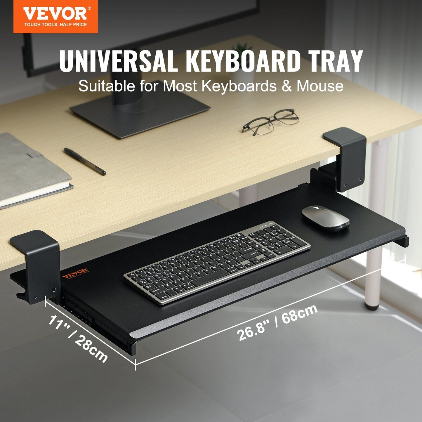 Under Desk Clamp-On Keyboard Tray with Slide-Out Drawer, 68 x 28 cm, 5 kg Capacity