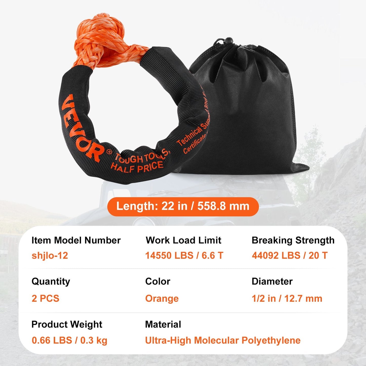 Synthetic Recovery Rope Soft Shackles 2-Pack, 12.7x0.56 m, 20T Strength, Orange