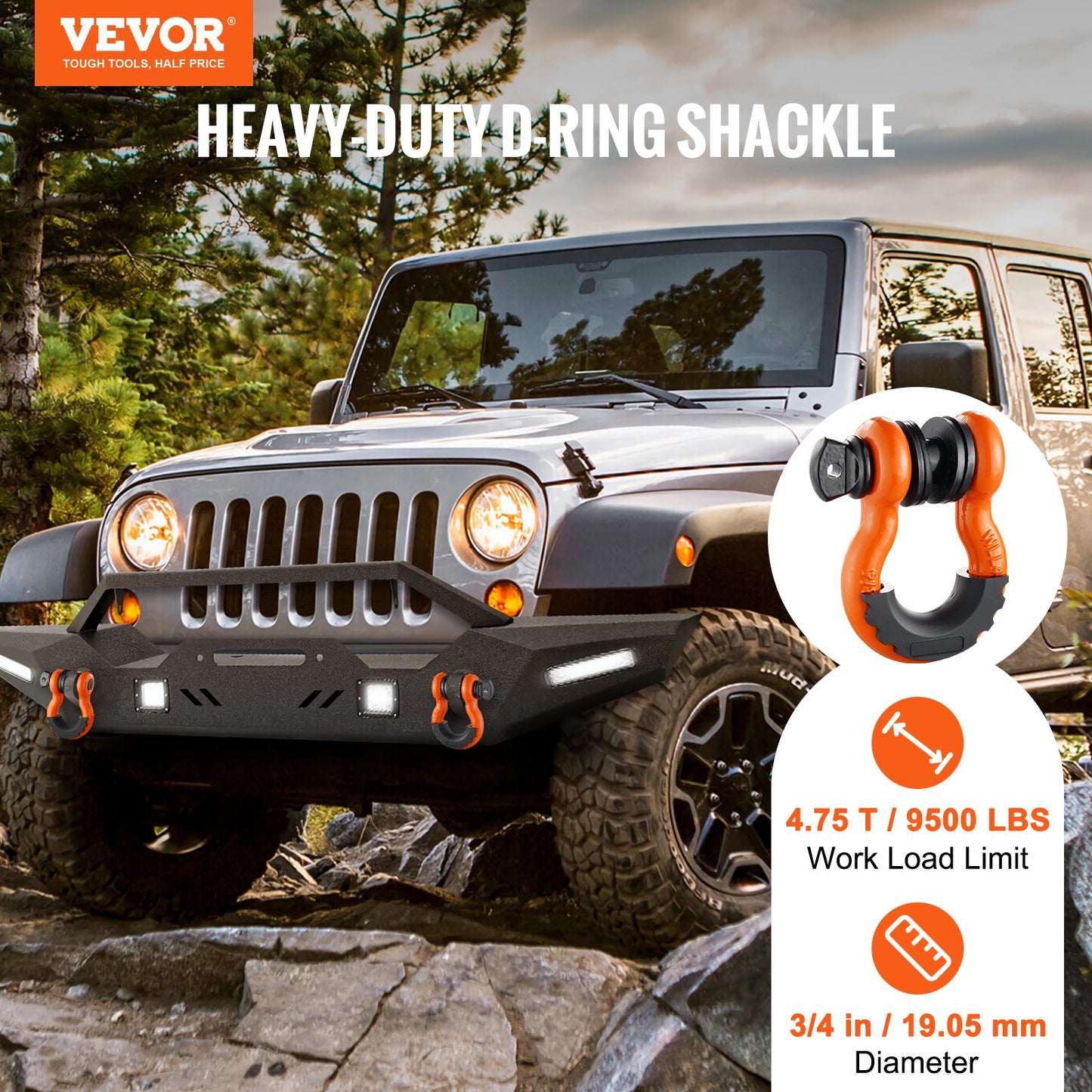 VEVOR 2 Pack 19.05 mm D Ring Shackle with 22 mm Screw Pin 28.5T Break Strength