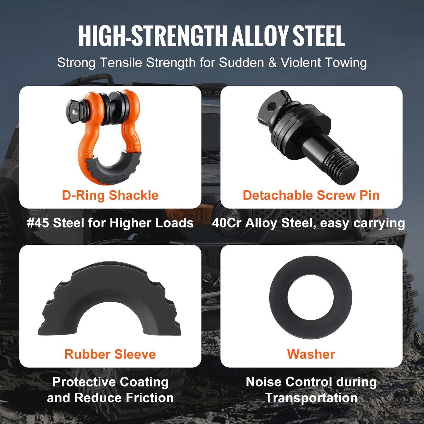 2-Pack 19 mm D-Ring Shackles with 22 mm Pins, 28.5T Break Strength, Orange