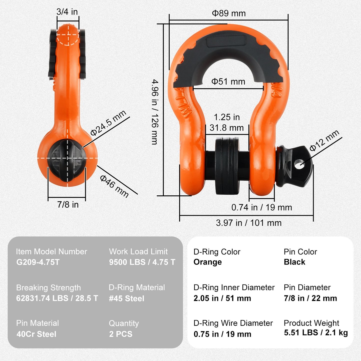 VEVOR 2 Pack 19.05 mm D Ring Shackle with 22 mm Screw Pin 28.5T Break Strength