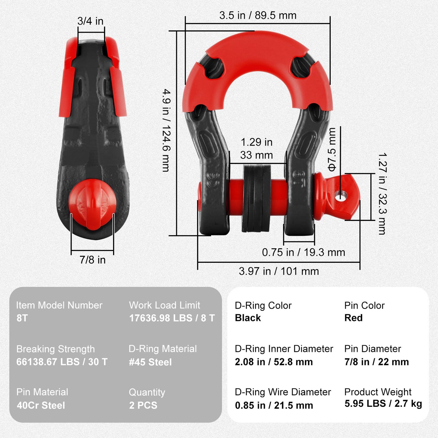VEVOR 2 Pack 19.05 mm D Ring Shackle with 22 mm Screw Pin 30T Break Strength