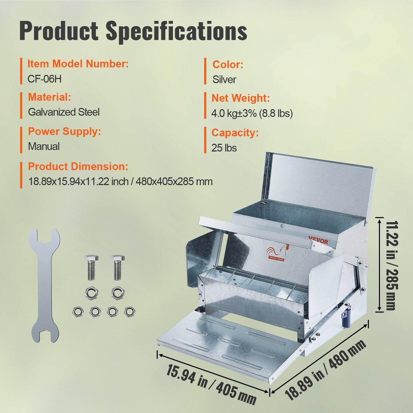 Automatic Galvanized Steel Poultry Feeder for 10 Chickens, 11 kg Capacity