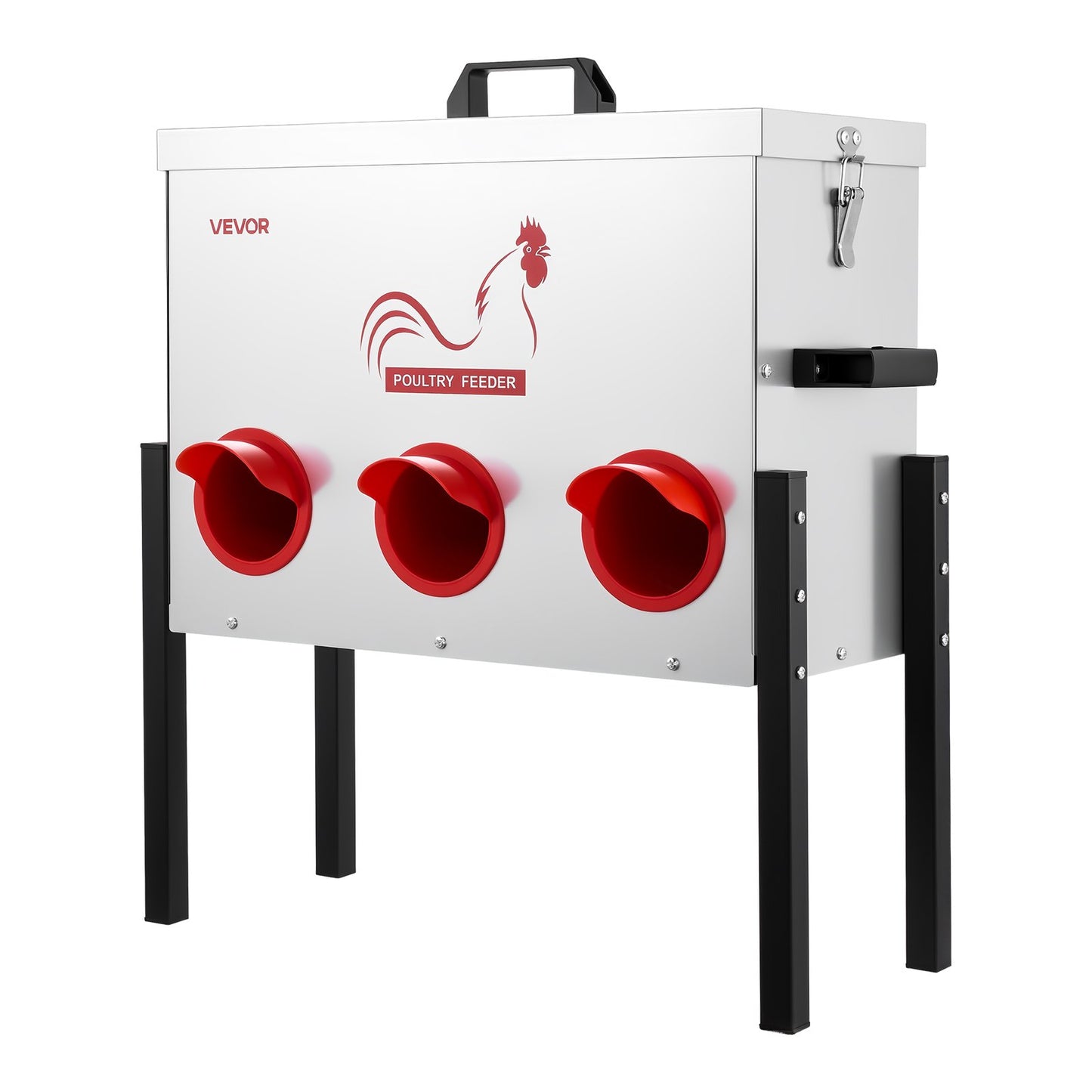 Automatic Chicken Feeder, 13.61 kg Capacity, 6 Feeding Ports No-Waste Poultry Feeder, Automatic Gravity, with Adjustable Height & Locking Lid, Metal Construction, for Chickens Bantams Pheasants