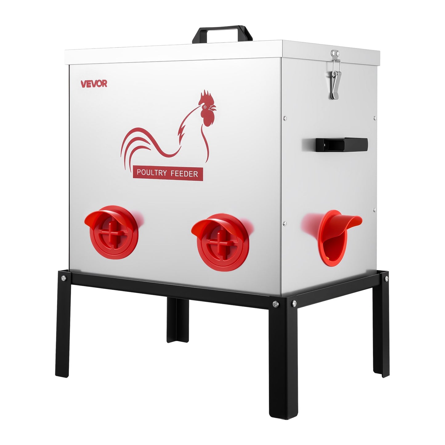 Automatic Chicken Feeder, 22.68 kg Capacity, 6 Feeding Ports No-Waste Poultry Feeder with Built-In Divider, with Latch & Handle, Metal Construction, for Chickens Bantams Pheasants Poultry Coop