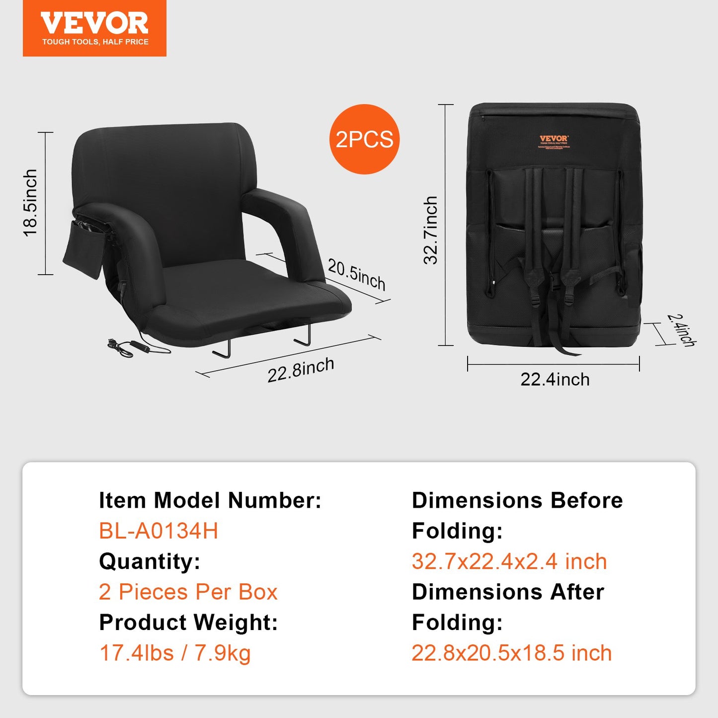VEVOR Double Heated Stadium Seat with Back Support, 3 Level Heating Wide Bleacher