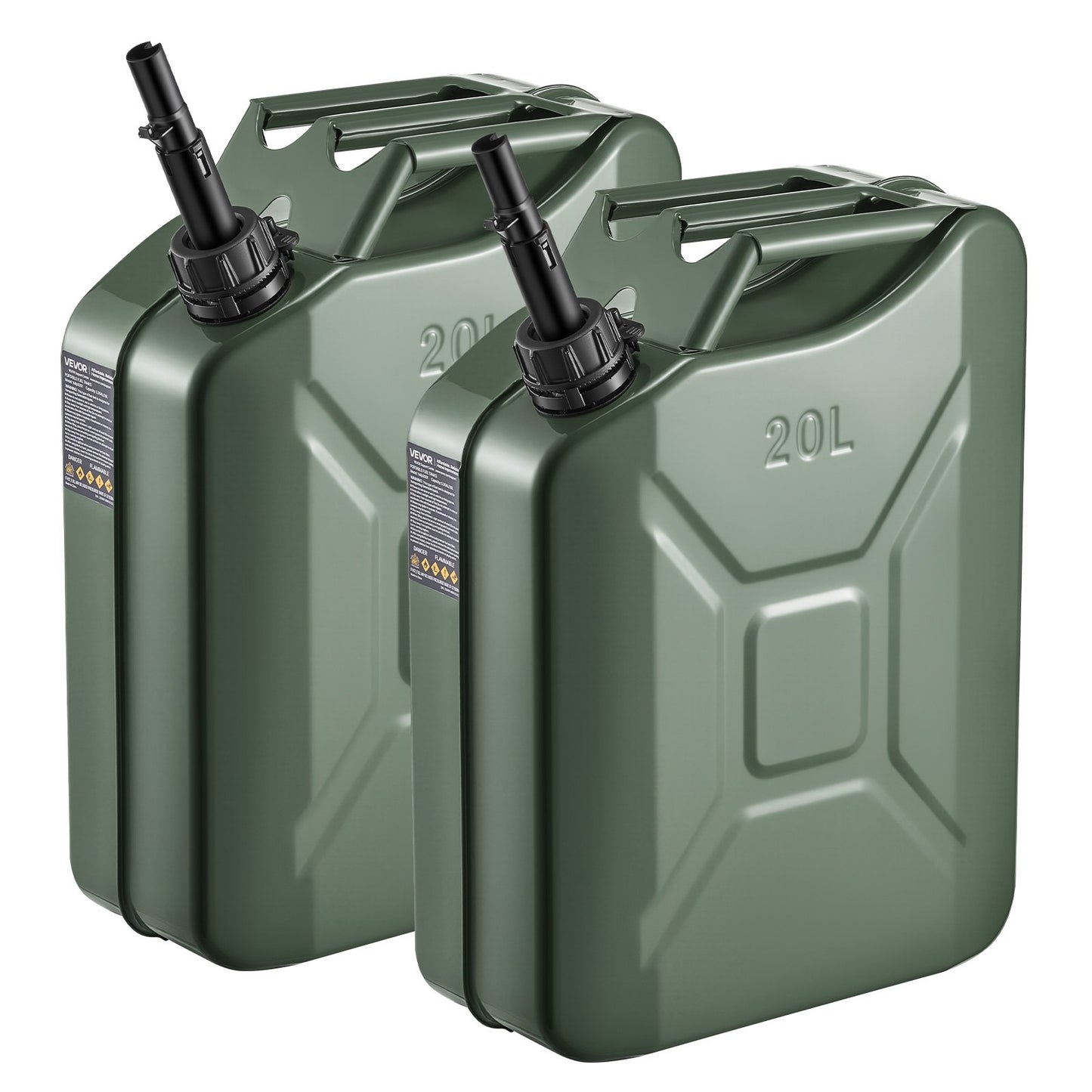 Metal Fuel Container, 20 L, Fuel Jerry Can with Spout and Comfort Handle, 6 L/min Max Flow Rate, Leakproof & Corrosion-resistant Metal Gas Tank Most Cars Motorcycle ATV UTV, Green, 2 Packs