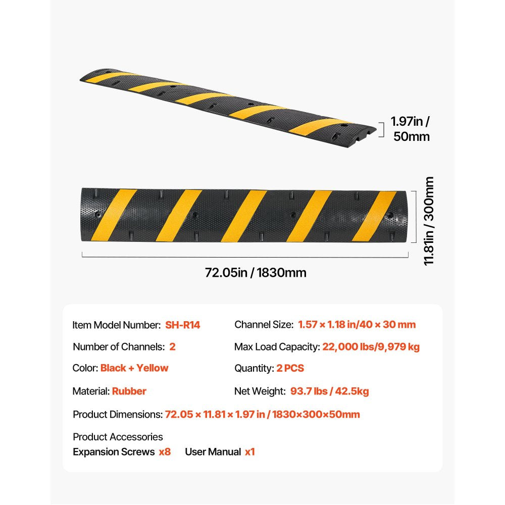 1830MM Rubber Speed Bump, 2 Pack, 2 Channel Heavy Duty Traffic Speed Hump, 9,979 kg/Axle Load Capacity, Cable Protector Ramp with Expansion Screws, for Asphalt Concrete Gravel Driveway Road