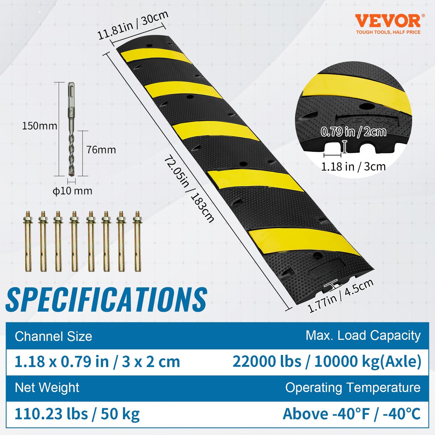VEVOR 2PCs 6 ft Rubber Speed Hump, 2 Channel, 10000 kg/axle Capacity Heavy Duty