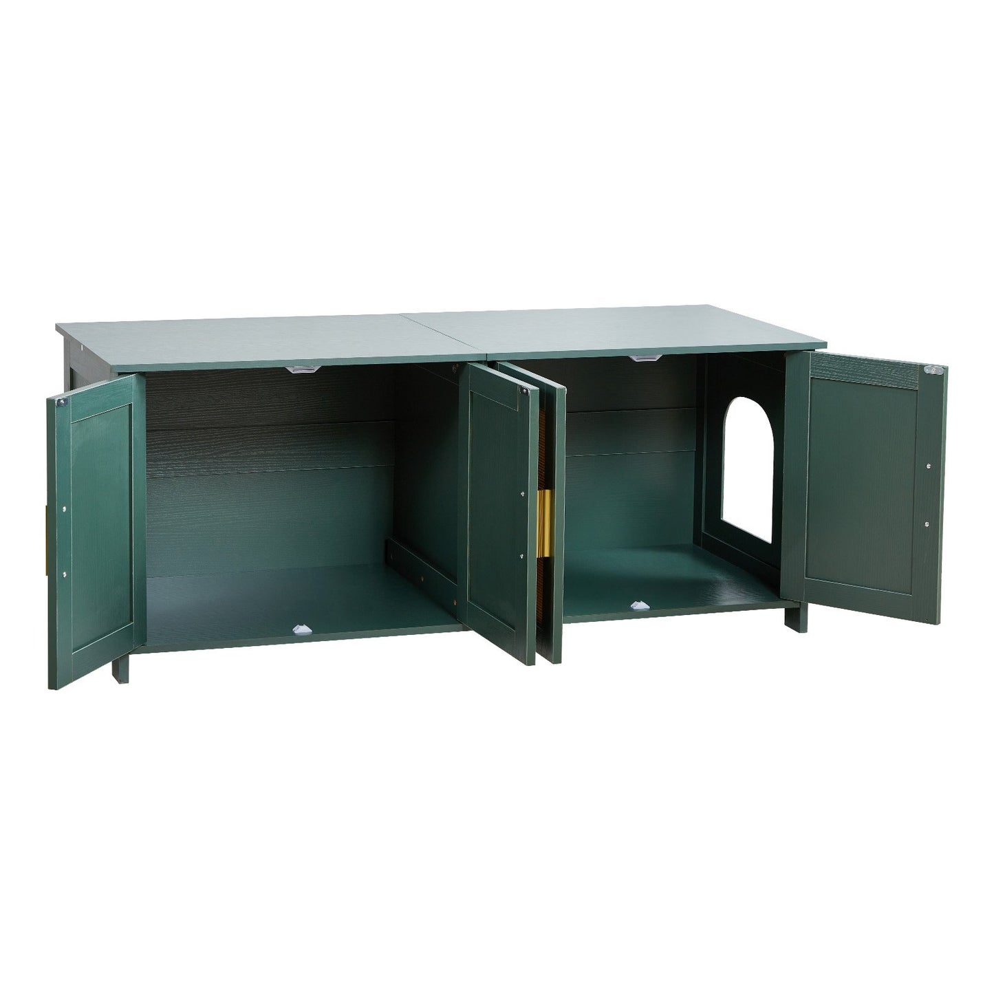 Cat Litter Box Enclosure for Multi Cats, 120 cm Hidden Litter Box Cabinet with 4 Rattan Doors & 2 Entries, Indoor Cat Washroom, Wooden Kitty House Furniture, Fit Most Litterboxes, Green